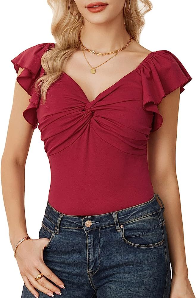 GRACE KARIN Women Ruffle Short Sleeve V Neck Blouse Twist Front Tunic T-Shirt 2023 Casual Peplum ... | Amazon (US)