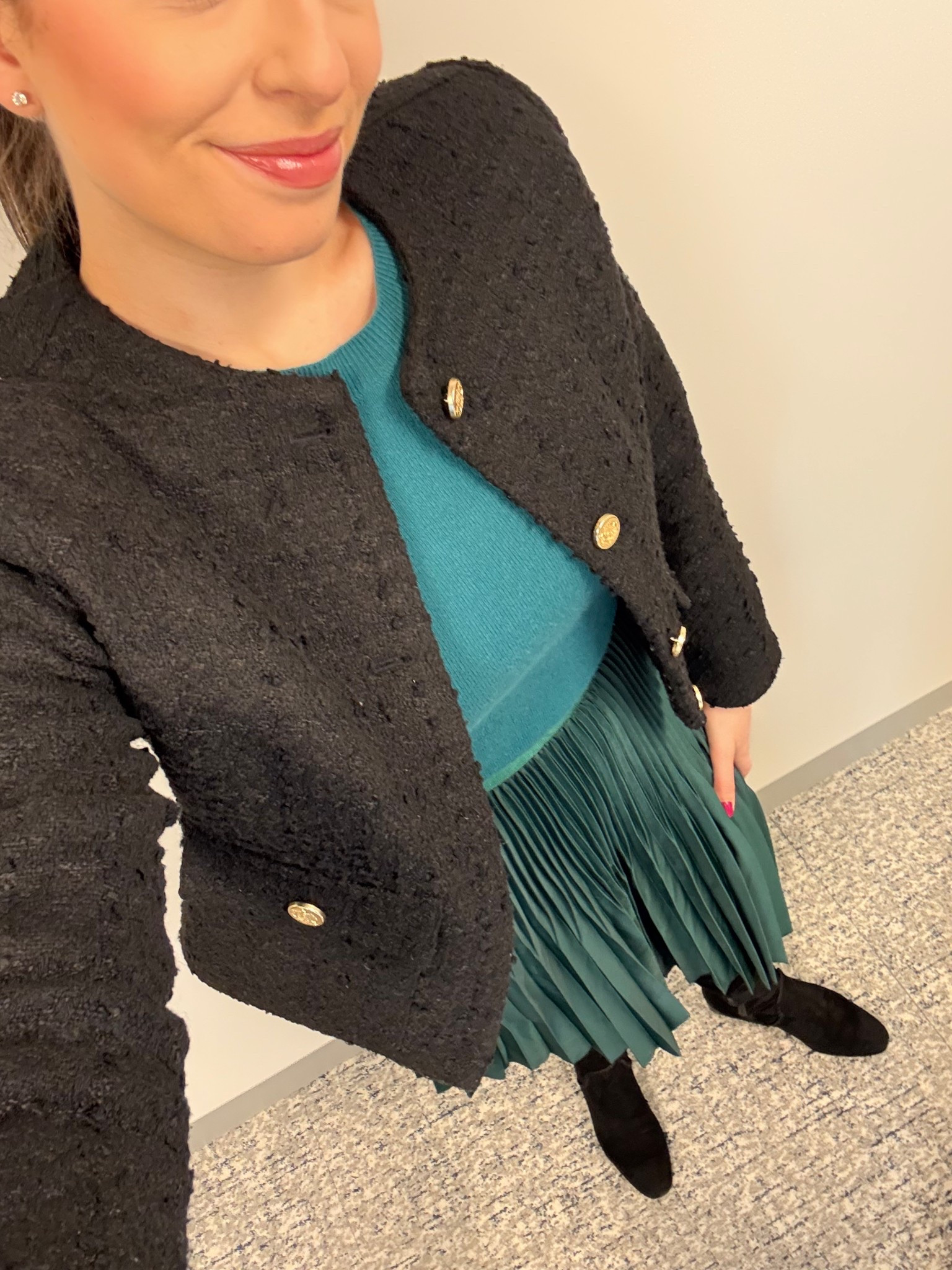 Office style, office outfit, business casual, workwear, green on green, green cashmere sweater, green pleated skirt, monochromatic outfit, boucle jacket, tweed jacket, black suede boots, tall black suede boots, winter workwear, winter office style, winter workwear, lawyer, attorney, law firm style 

#LTKstorytime #LTKTall #LTKWorkwear