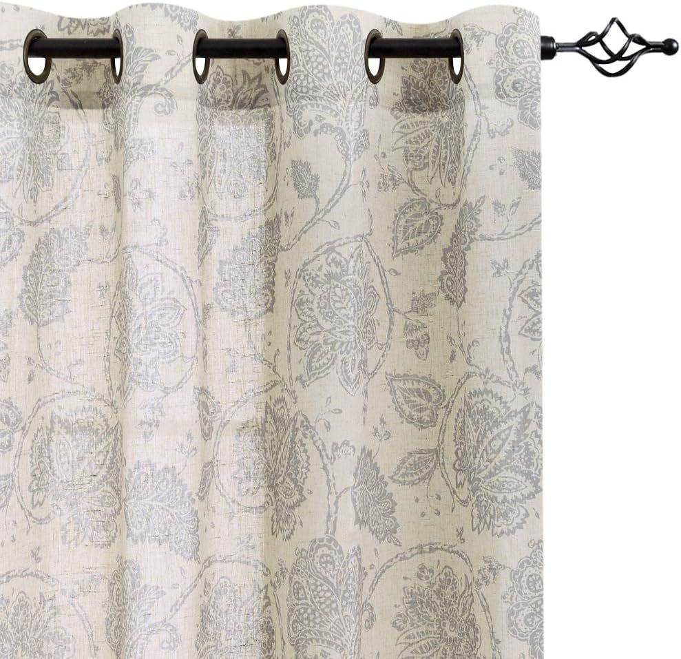 Paisley Scroll Printed Linen Curtains, Grommet Top - Medallion Design Jacobean Floral Printed Cur... | Amazon (US)