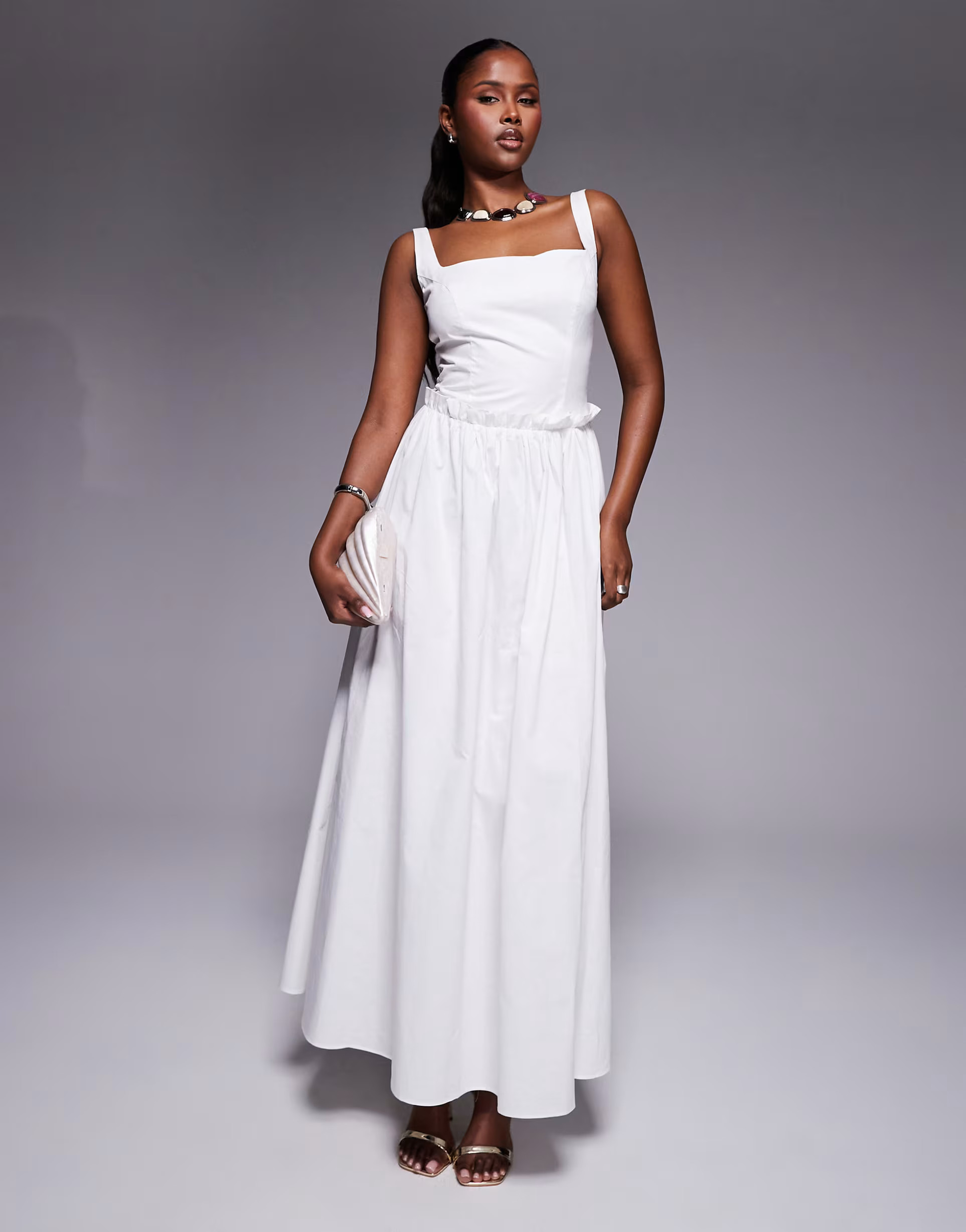 Kaiia poplin square neck ruffle waist maxi dress in white | ASOS (Global)
