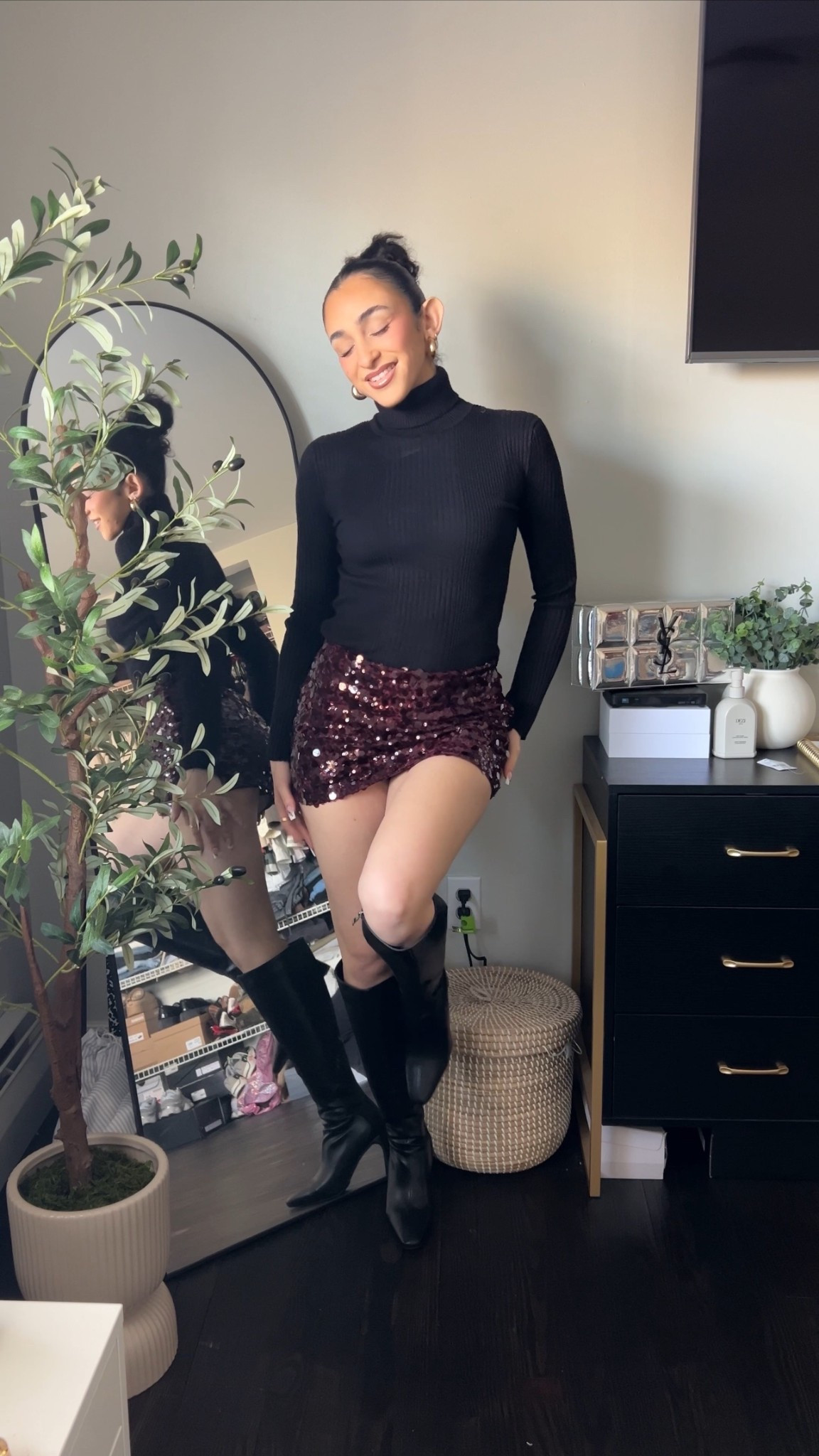 Sequin skirt outfit idea for holiday season - paired with a turtleneck sweater and knee high boots for a classic look. Could also add tights for a more winter look 

#LTKHoliday #LTKootd #LTKgrwm