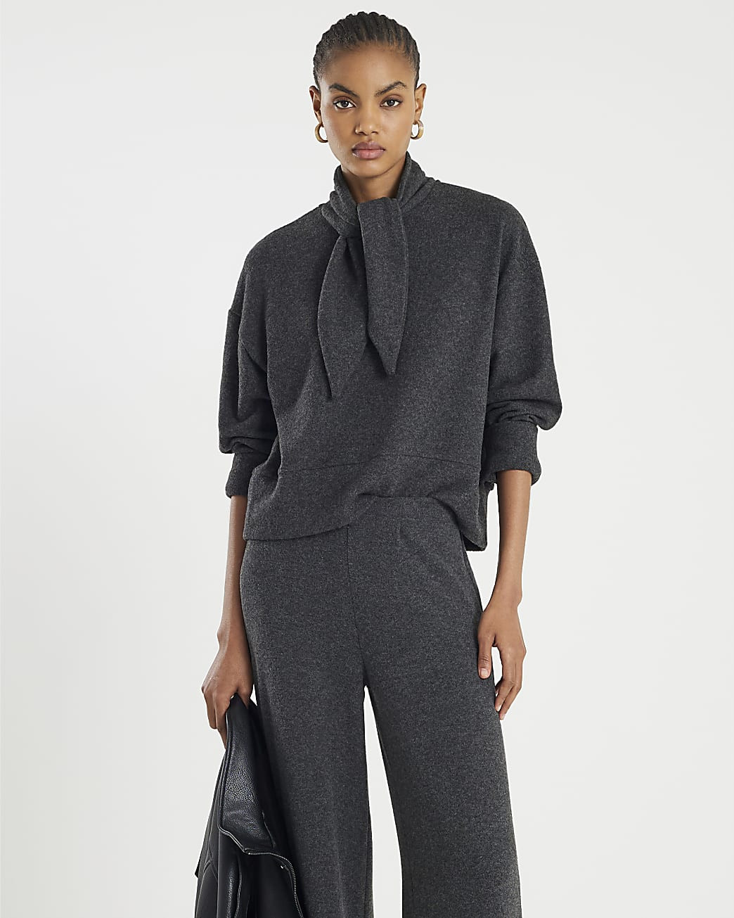 Grey Long Sleeve Scarf Tie Neck Cosy Top | River Island UK & IE