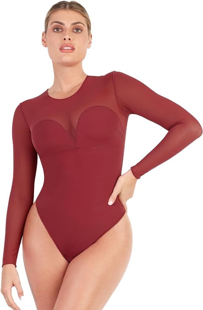 Popilush Shapewear Bodysuit For Women Tummy Control Long Sleeve Thong Bodysuit With Built In Bra ... | Amazon (US)