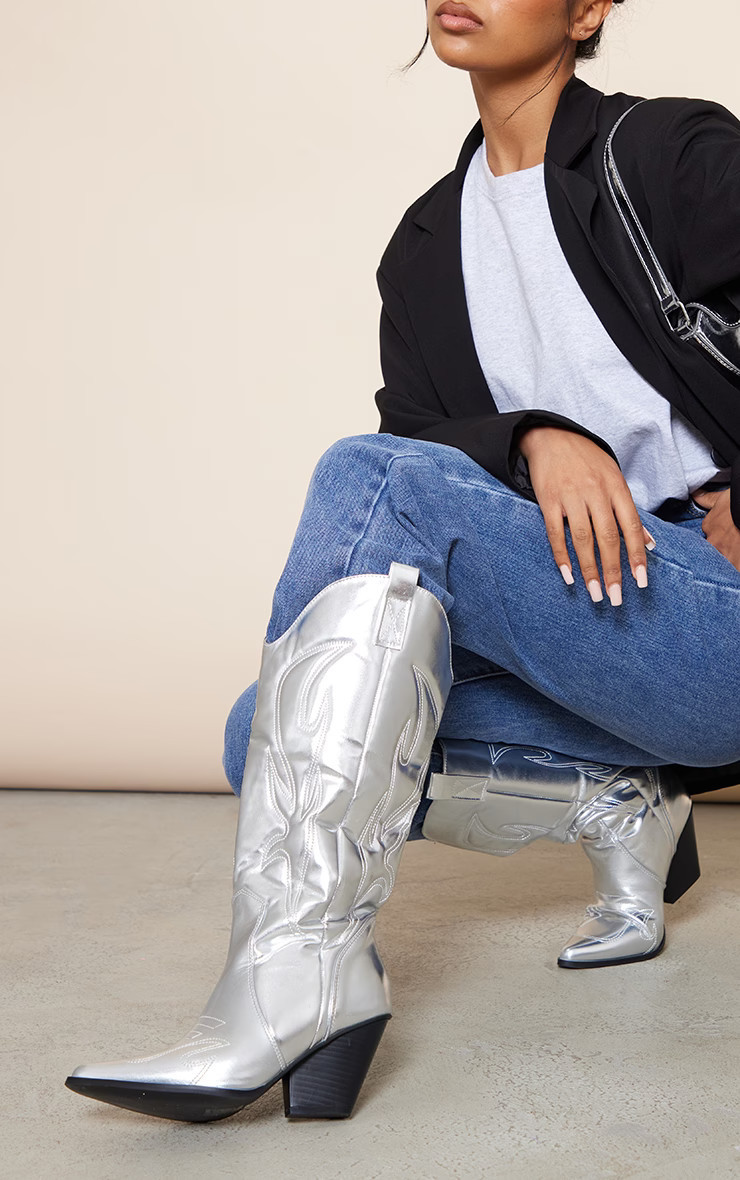 Silver PU Point Toe Knee High Western Boots | PrettyLittleThing UK