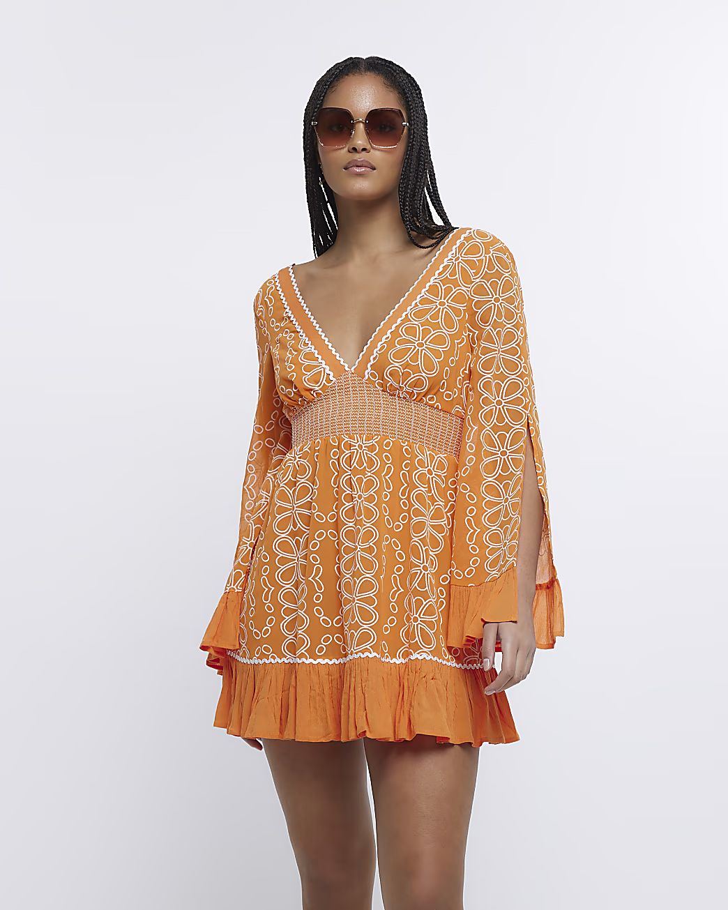 Orange floral embroidered beach mini dress | River Island (US)