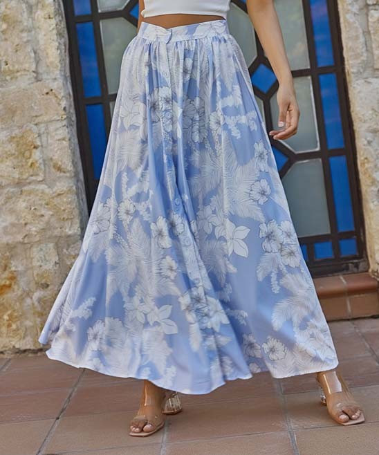 Simmly Women's Maxi Skirts Blue - Blue Floral Button-Front A-Line Skirt - Women | Zulily