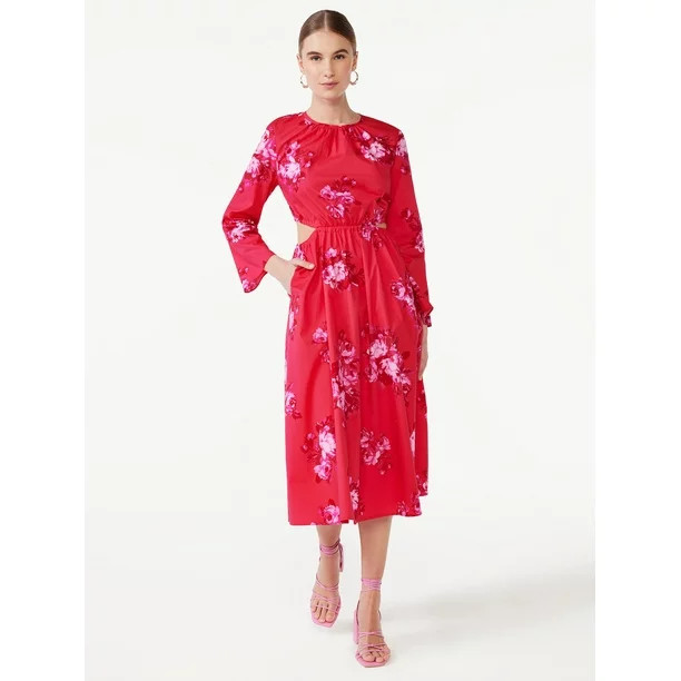 Scoop Women's Side Cut Out Midi Dress with Long Sleeves, Sizes XS-XXL | Walmart (US)