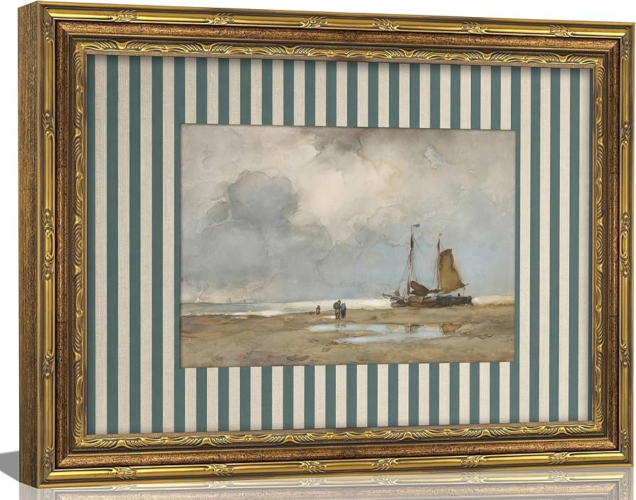 3D Textured Canvas Wall Art, Vintage Carved Gold Frame Teal White Striped Mat Watercolor Sailboat... | Amazon (US)