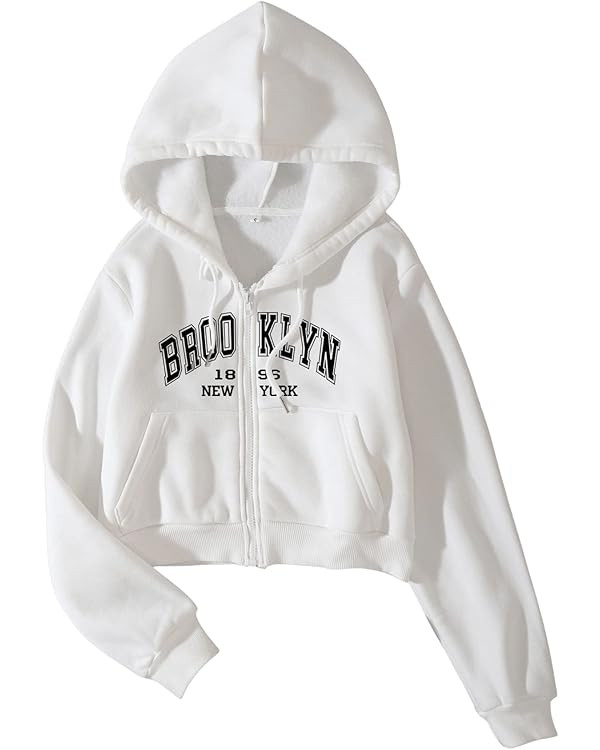 Verdusa Women's Letter Graphic Full Zip Long Sleeve Sweatshirt Crop Hoodie Jacket | Amazon (US)