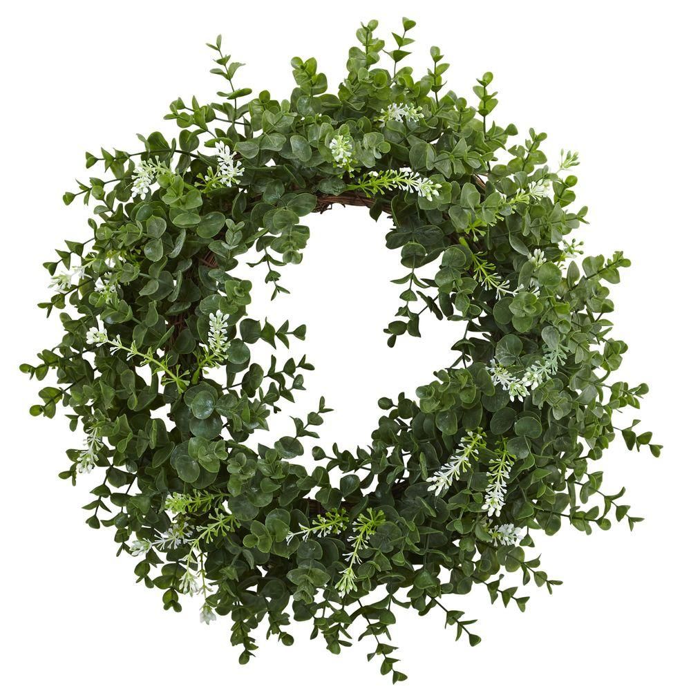 Nearly Natural 18 in. Eucalyptus Double Ring Wreath with Twig Base-4541 - The Home Depot | The Home Depot