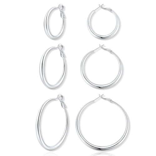 Jewlpire 925 Sterling Silver Plated Hoop Earrings Set for Women, Silver Color Hoop Earrings Lightweight Earring Jewelry Gifts for Her, 30mm 40mm 50mm (3 Pairs) | Amazon (US)