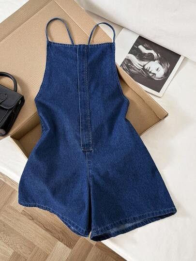 Comfortcana Women's Backless Denim Bib Shorts Denim Romper Women Rompers Denim Jumpsuit Casual Ro... | SHEIN