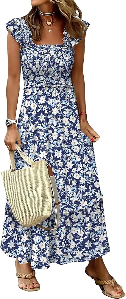 ANRABESS Womens Summer Sleeveless Maxi Dress Square Neck Smocked Boho Casual Ruffle Strap Flowy A... | Amazon (US)