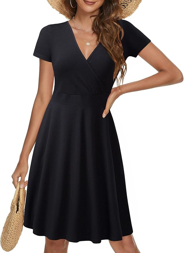 MSBASIC Women's Deep V Neck Short Sleeve Unique Cross Wrap Casual Flared Midi Dress | Amazon (US)