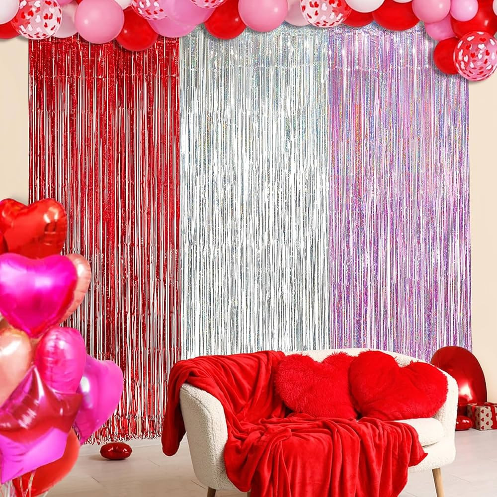 Foil Fringe Curtains - Party Streamers for Valentines Day Party Decorations- 3Packs 3.2ft x 8.2ft... | Amazon (US)