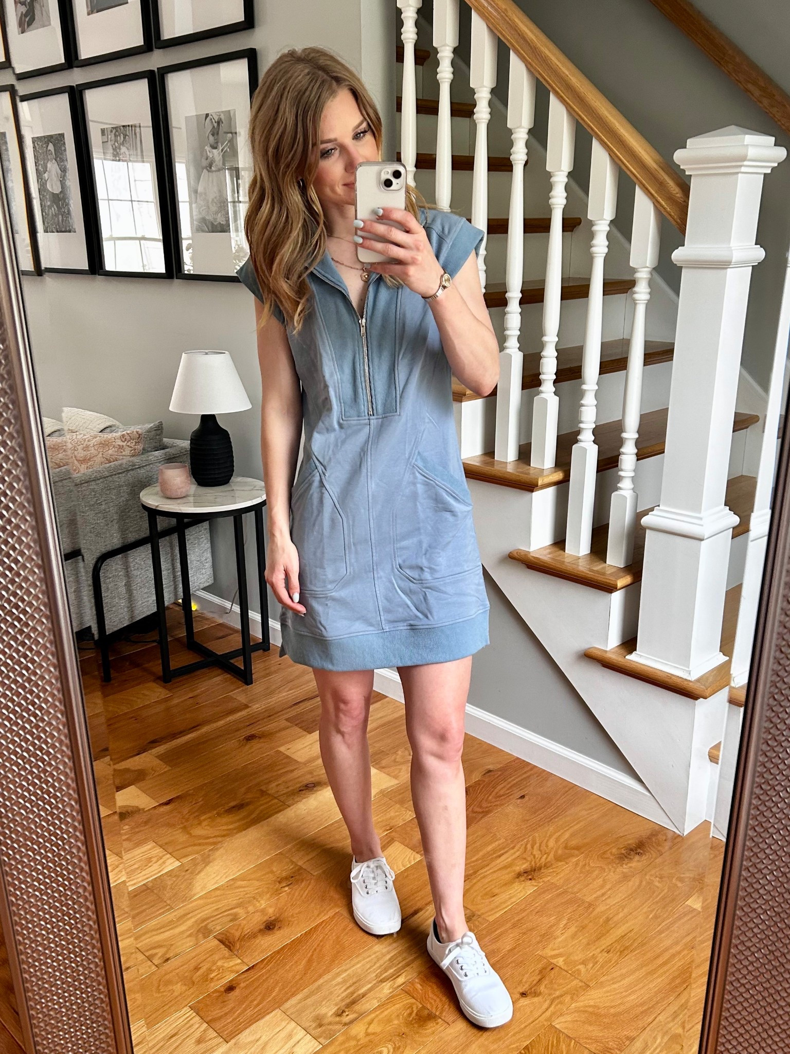 Casual Spring/Summer outfit. Blue half zip athleisure dress. 
