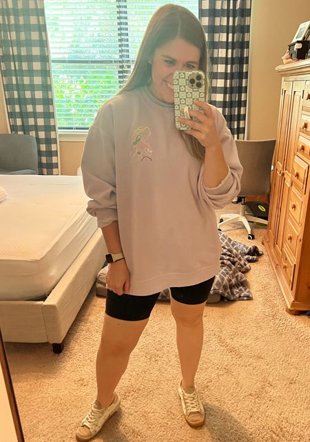 work from home ootd, now heading to karate! 

Oversized Disney sweatshirt, biker shorts, sneakers

My shoes are sold out but linked same in a different color

#LTKMidsize #LTKActive #LTKFindsUnder100
