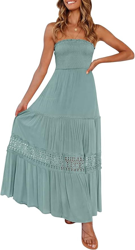 ZESICA Women's 2026 Summer Boho Maxi Dresses Strapless Off Shoulder Lace Flowy A Line Beach Vacat... | Amazon (US)