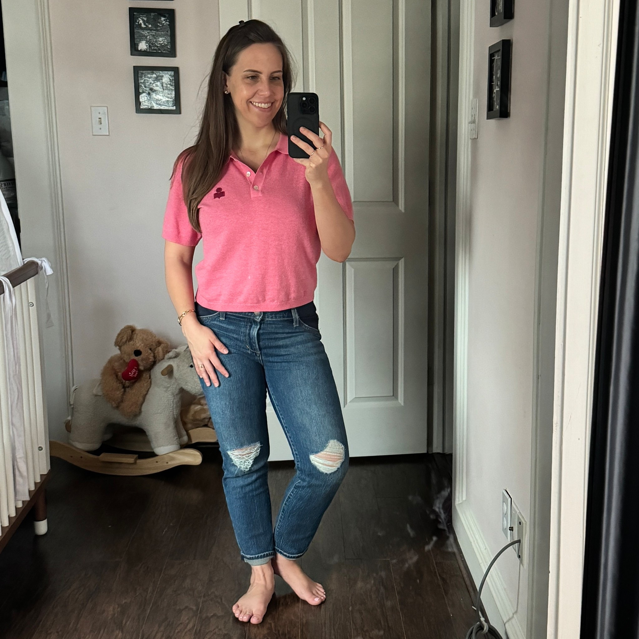 Perfect postpartum collared shirt and color. Makes me smile. Wearing a size 38  

#LTKPetite #LTKootd #LTKBump