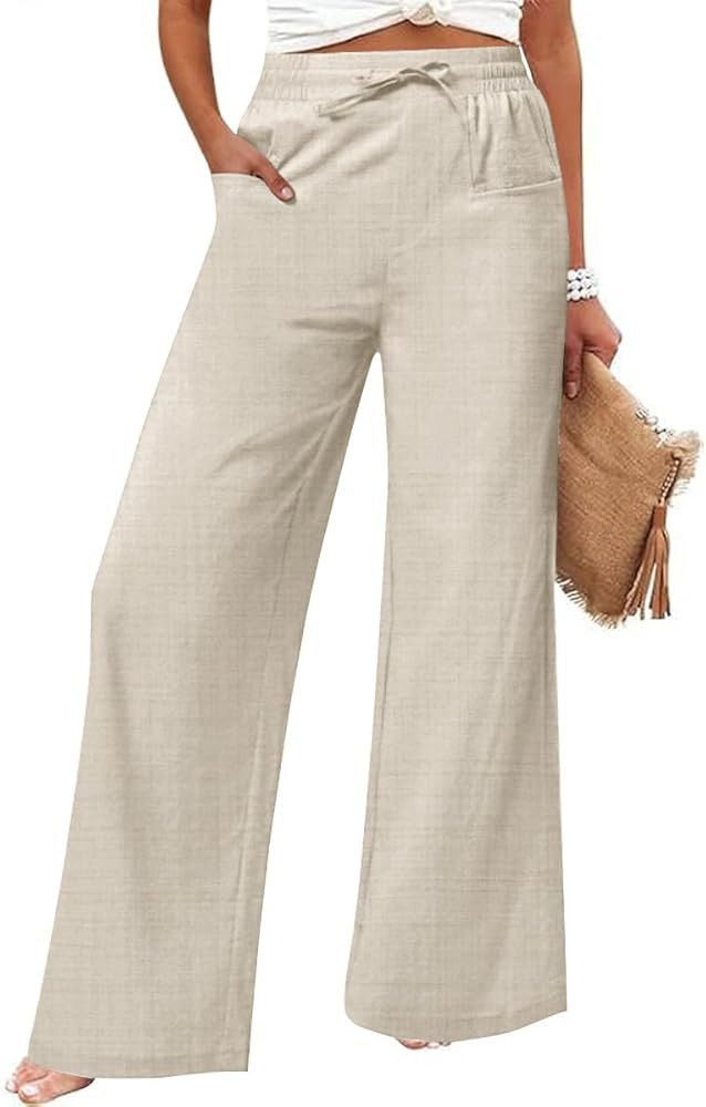 Women's Casual Linen Wide Leg Pants with Pockets Boho Palazzo High Waisted Drawstring Lounge Trou... | Amazon (US)