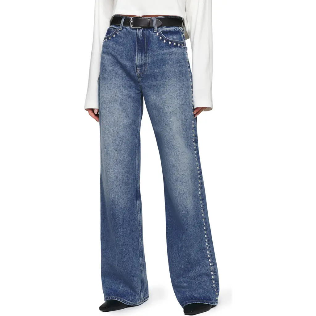 Reformation Cary Studded High Waist Slouchy Wide Leg Jeans in Chesapeake Studded at Nordstrom, Size 30 | Nordstrom