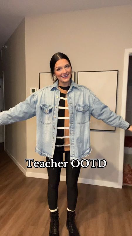 Teacher outfit of the day! I am wearing a medium in the winter jacket, sweater, leggings & denim over piece. I am wearing a small in the black long sleeve shirt. 

#LTKfindsunder100 #LTKSeasonal