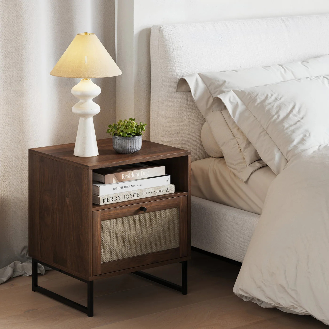 Rattan & Wood Storage Nightstand Walnut | Nathan James