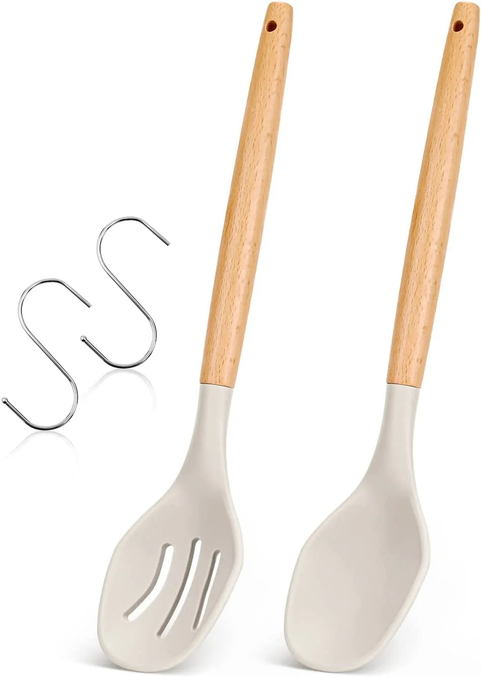 Badiano 2 Packs Silicone Cooking Spoon, Solid and Slotted Spoons Set with Long Wood Handle, Khaki | Walmart (US)