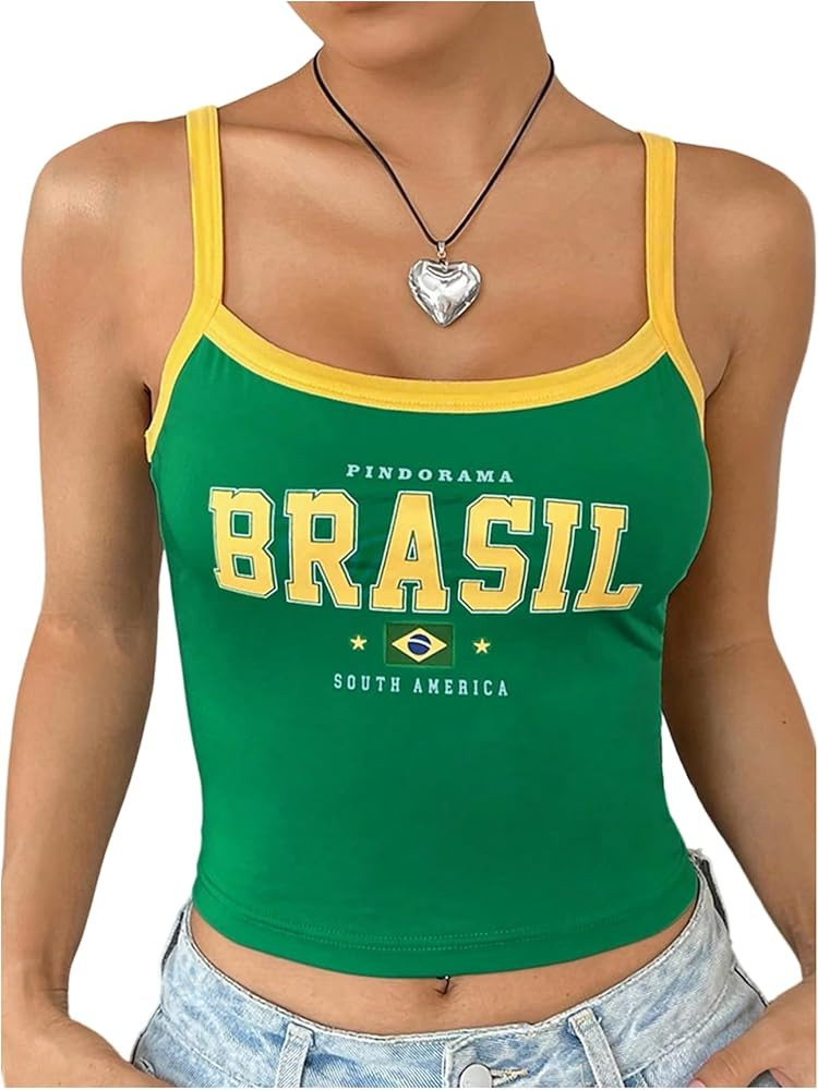 SweatyRocks Women's Brazil Letter Graphic Crop Tops Contrast Binding Slim Fit Summer Cami Top | Amazon (US)