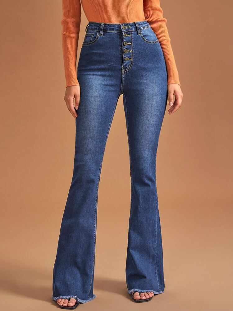 High Waist Button Front Flare Leg Jeans | SHEIN