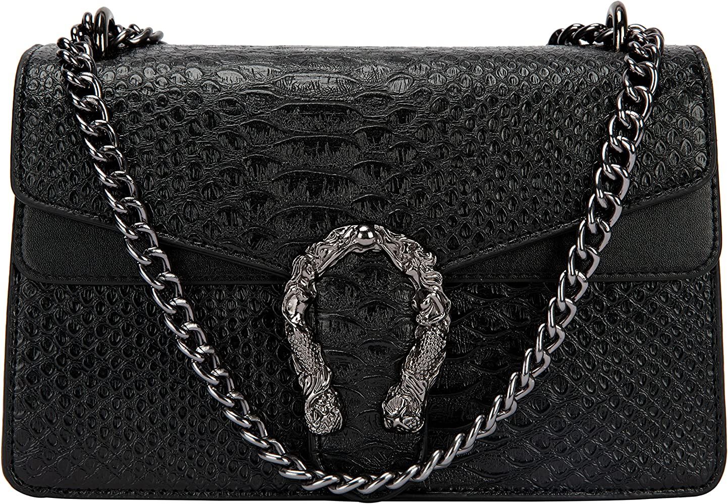 Crossbody Shoulder Square Purse For Women - Fashion Embossed Snake-Print Leather Handbag Metal Chain | Amazon (US)