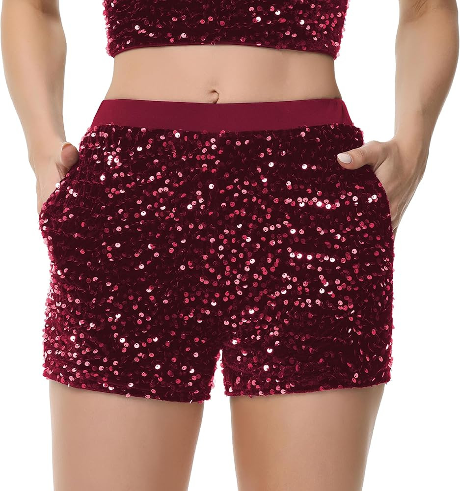 Anna-Kaci Women's Sparkly Sequin Shorts Elastic Waist Glitter Straight Leg Party Shorts with Pock... | Amazon (US)