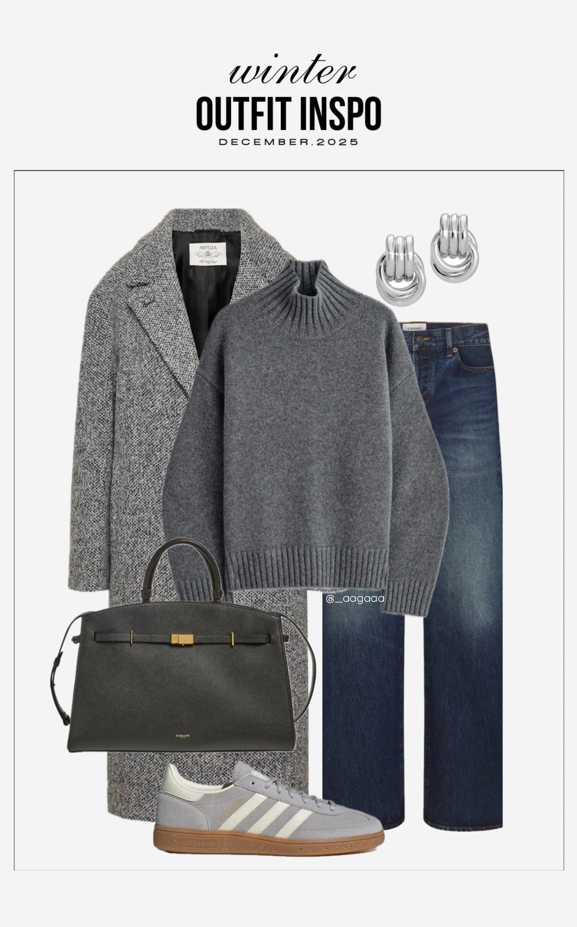 Winter outfit inspo, grey adidas handball spezial shoes, Soft Wool Cashmere Relaxed Italian soft wool-cashmere coat, DeMellier  New York Leather Satchel, silver baby knot earrings, ootd, outfit of the day, winter fashion, winter workwear, capsule wardrobe 

#LTKHoliday #LTKWorkwear #LTKFindsUnder100