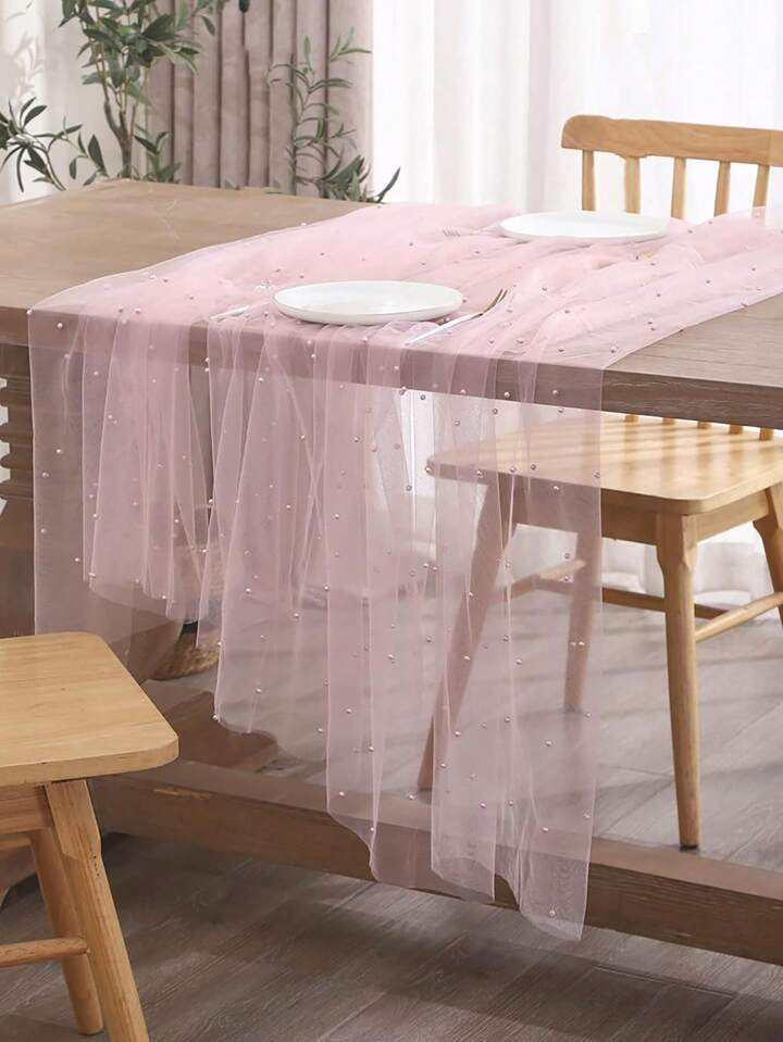 1pc Elegant Faux Pearl Decor Table Runner, Wedding Pink Pearl Tulle Tablecloth, Wedding Arch Deco... | SHEIN