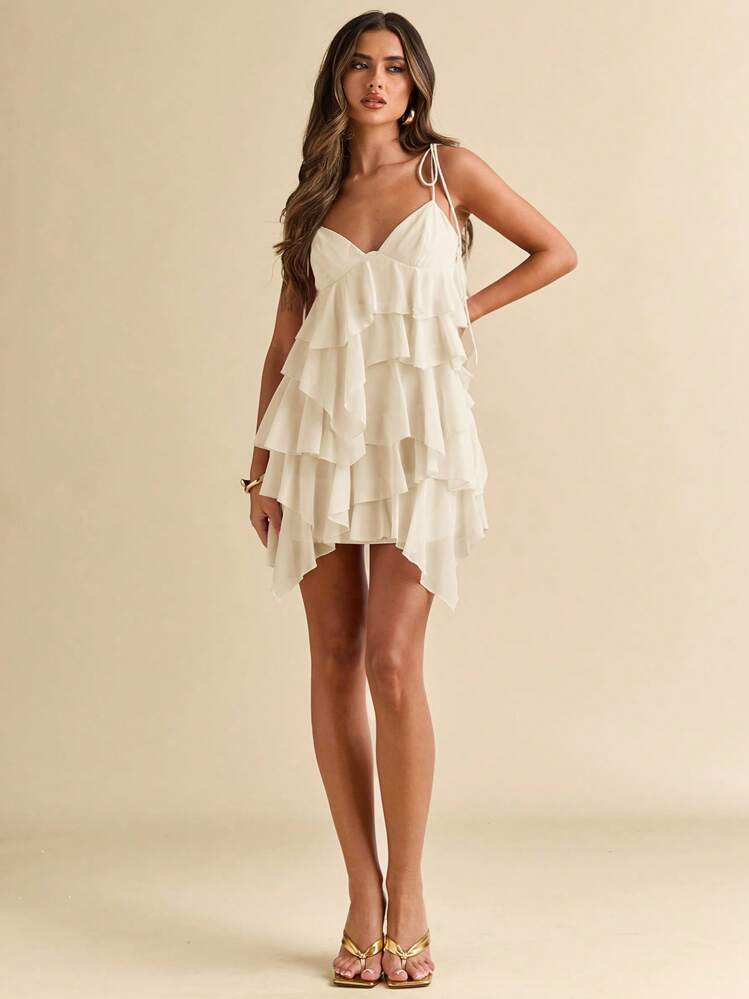 SHEIN BAE Cream White Summer Mama Mia Date Party Ruffle Detail Chiffon Cake Dress,Seaside Vacatio... | SHEIN