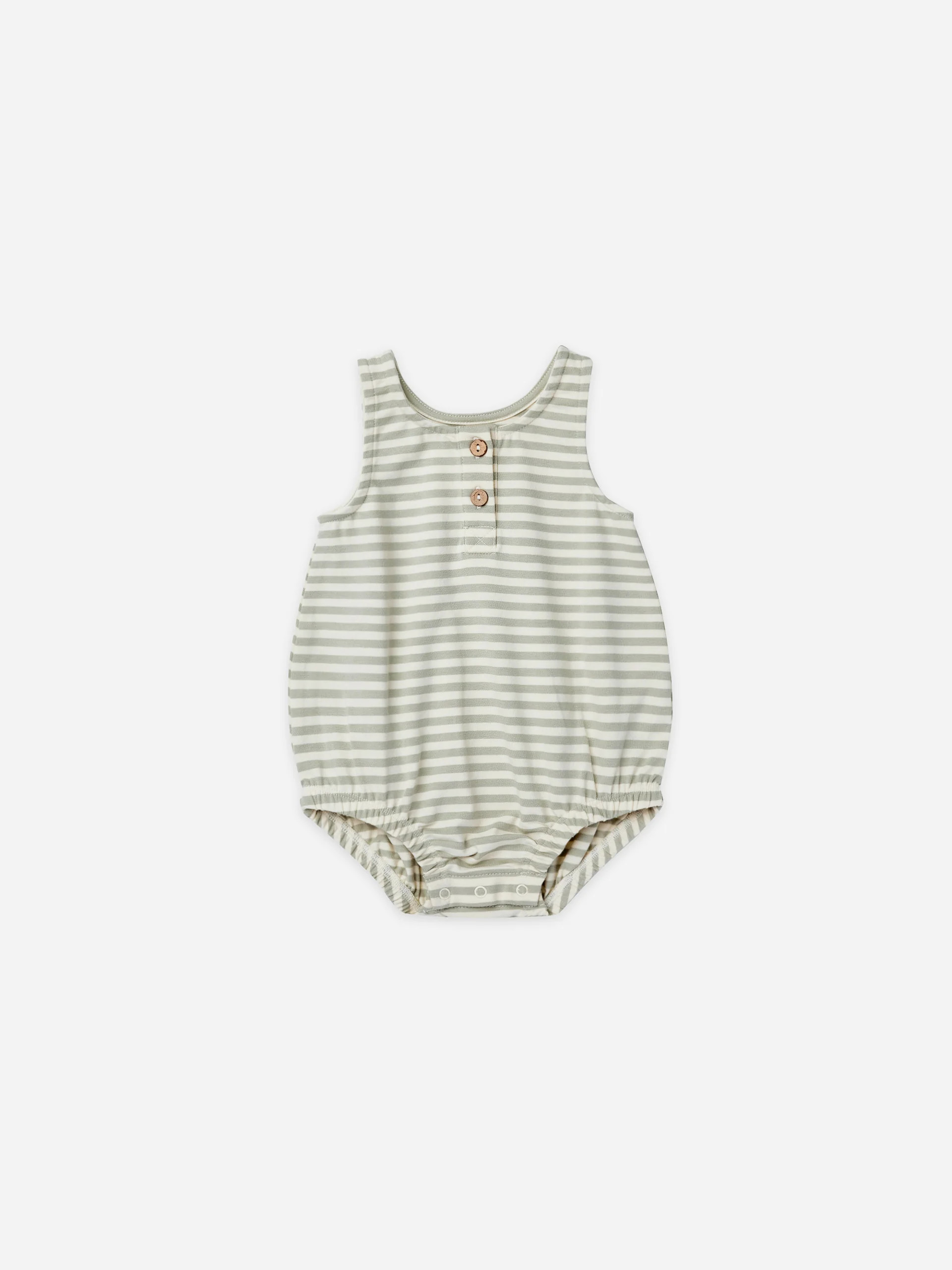 sleeveless bubble romper | pistachio stripe | Quincy Mae