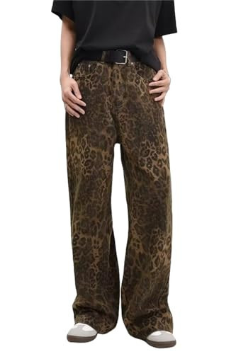 Trendy Leopard Print Jeans Camo Cargo Pants for Women Men with Wide Leg Vintage Streetwear Jeans Straight Leg Pants(XL,Leopard) | Amazon (US)