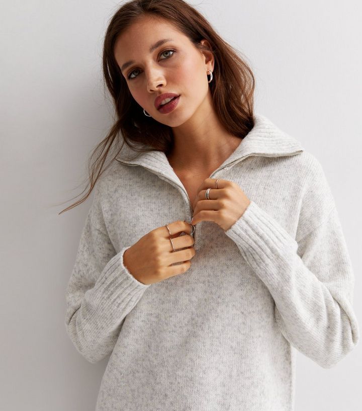 Pale Grey Knit Zip Collar Long Sleeve Jumper
						
						Add to Saved Items
						Remove from Sa... | New Look (UK)