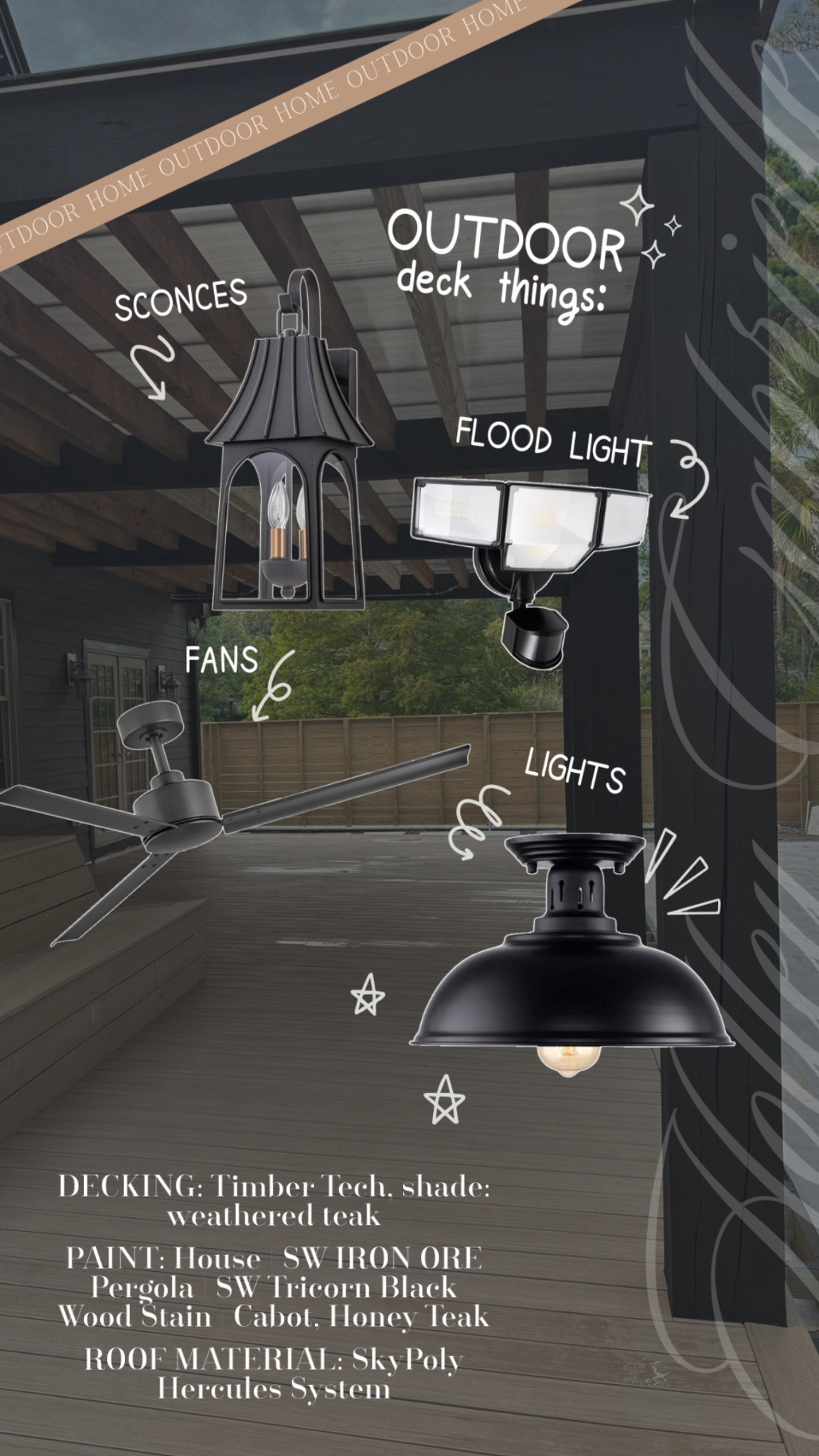 Our deck lighting / fans deets 🖤 trying to document all of it & have the info available to y’all if you want to refer back one day for your own space 😌 so happy w/ these!

Amazon / home / outdoor / timber tech / flood light / outdoor lighting / outdoor fans / deck / patio / pool / wayfair / sconces / sherwin williams / Holley Gabrielle 

#LTKStyleTip #LTKFamily #LTKHome