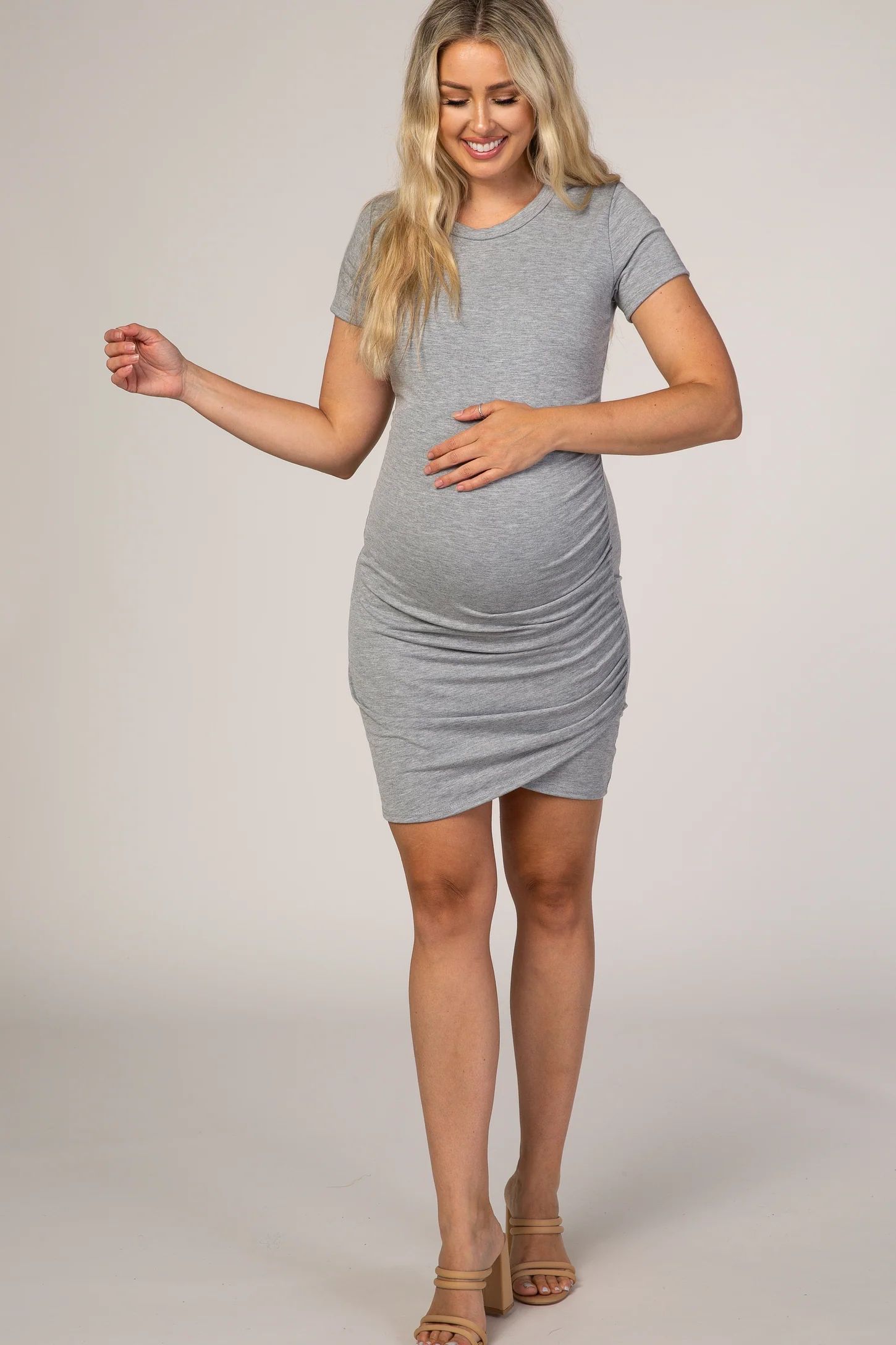 Heather Grey Wrap Maternity T-Shirt Dress | PinkBlush Maternity