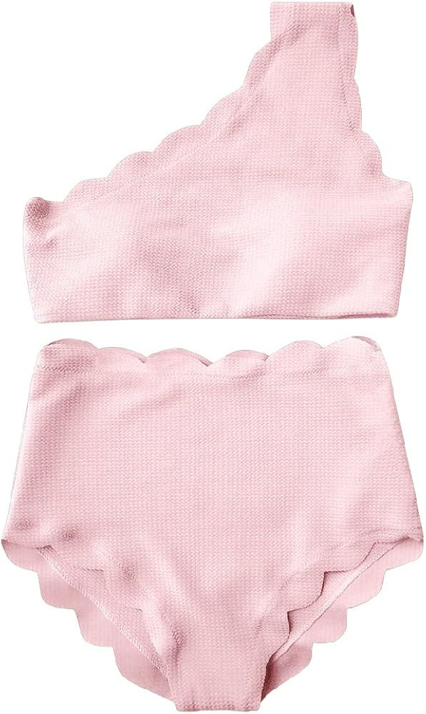 ZAFUL High Waisted Bikini Scalloped Flounced One Shoulder Swimsuit Solid Wavy Edge Swimwear | Amazon (US)