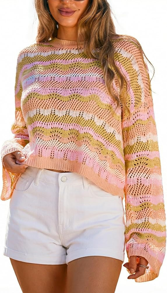 CUPSHE Crochet Swimsuit Coverup for Women Knit Striped Long Sleeve Beach Coverup Tops | Amazon (US)