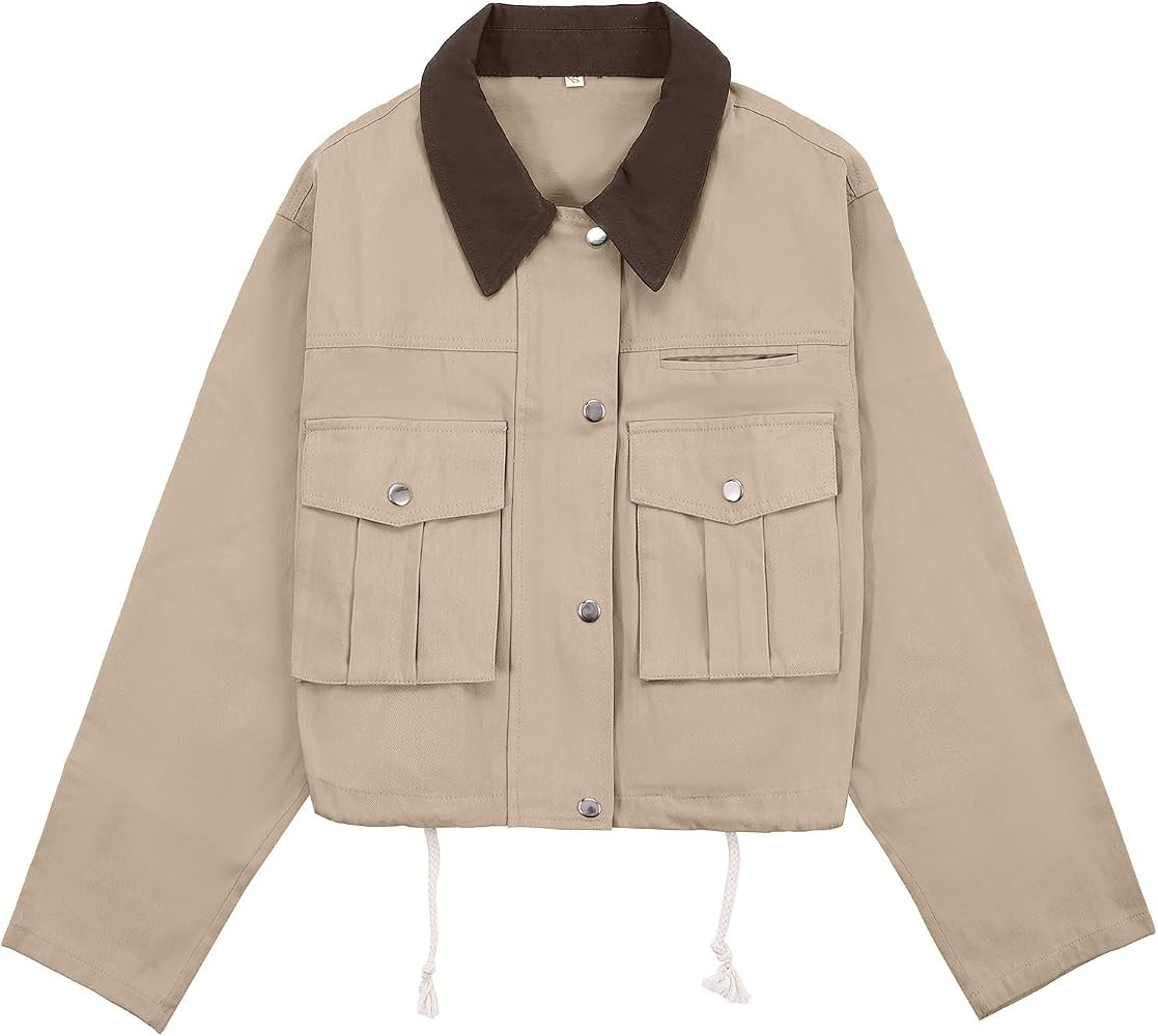 Womens Barn Jacket Cropped Contrast Collar Utility Button Down Cargo Coat | Amazon (US)