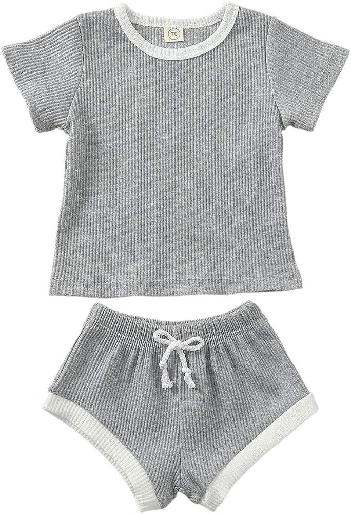 Baby Clothes Pajamas 2 Pieces Outfit Set Infant Baby Girl Boy Knitted Short Sleeve Top Shorts Set | Amazon (US)