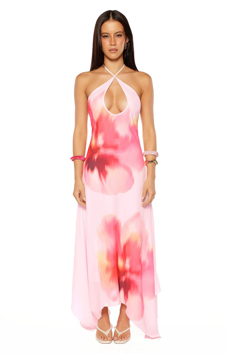 Elowen Pink Floral Halter Maxi Dress | Beginning Boutique | Beginning Boutique (US)