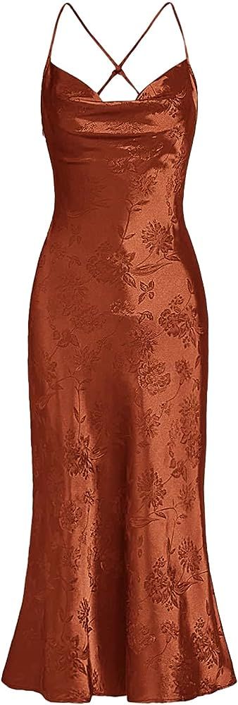 Floerns Women's Spaghetti Strap Cowl Neck Long Slip Satin Silk Midi Dress | Amazon (US)