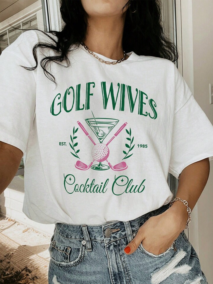 SHEIN Essnce Women's Summer Tee, Round Neck, Letter, Golf Club & Cocktail Glass Pattern | SHEIN