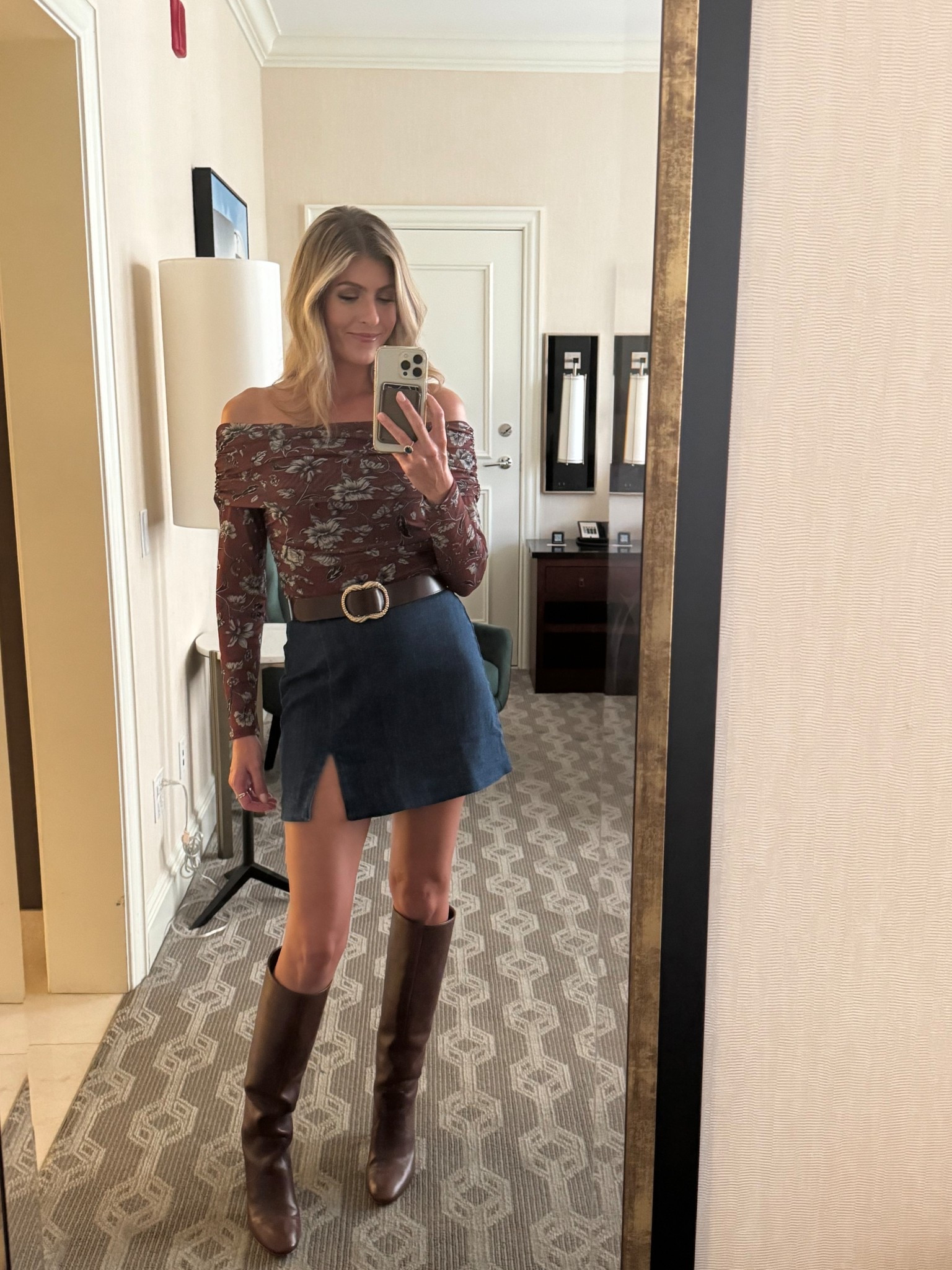 What I wore to the Benson Boone concert in Chicago ❤️💙. Concert outfit, benson Boone concert outfit, country concert outfit, denim skirt, tall brown boots, chocolate brown belt 

#LTKU #LTKStyleTip #LTKParties