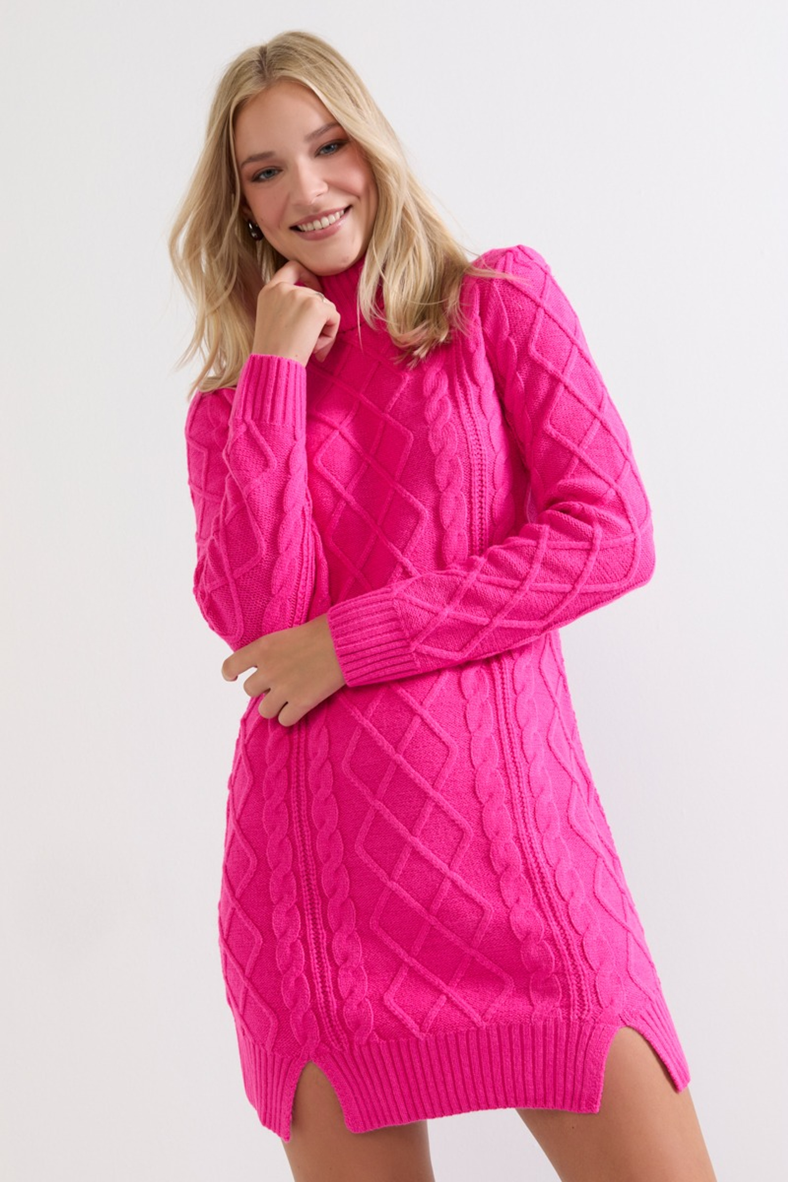May Cable Knit Mini Sweater Dress Magenta | Francesca's