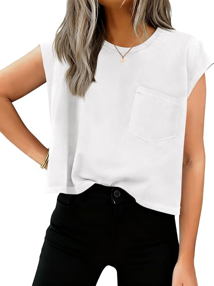 Tankaneo Womens Crop Tank Top Cap Sleeve Summer Tops Loose Casual Basic Crewneck Shirts with Pock... | Amazon (US)